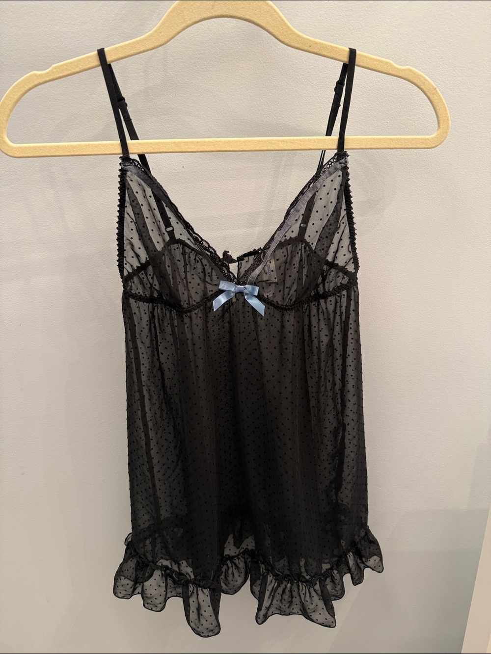Sheer Black Polka-Dot Lace-Trim Chemise with Blue Bow Accent
